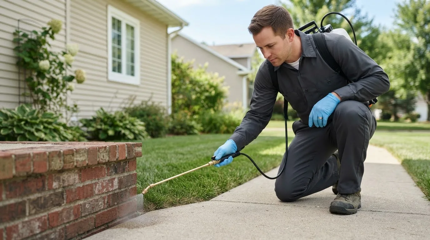 Pest control technician treating a home near Buhl, AL